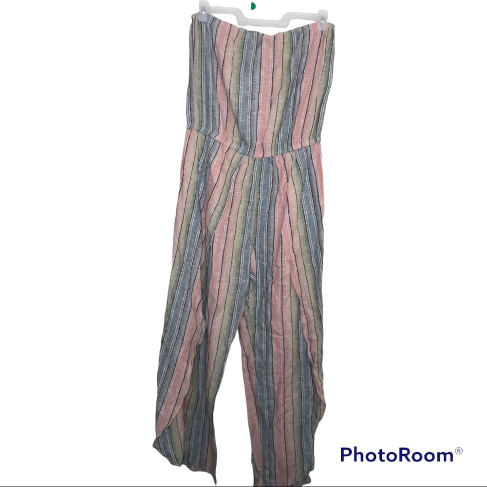 Multicolored Stripe Strapless Lightweight Linen Jumpsuit